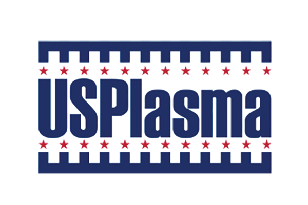 A logo featuring the text "USPlasma" in bold blue letters, surrounded by a border of alternating blue and white stripes, with red stars placed between the stripes
