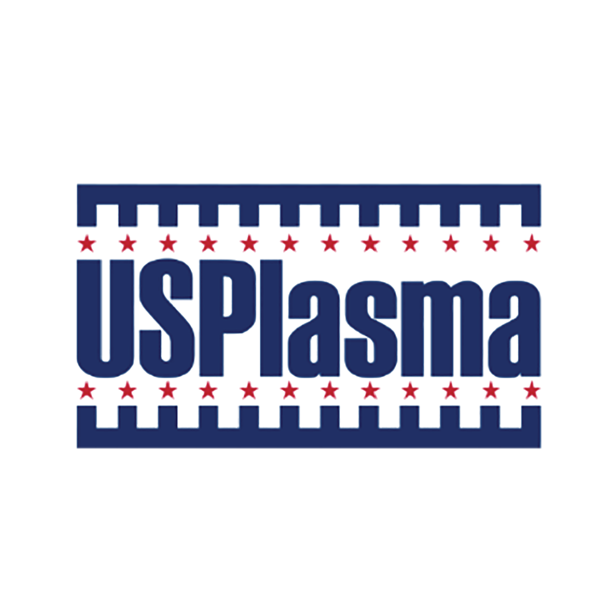 A logo featuring the text "USPlasma" in bold blue letters, surrounded by a border of alternating blue and white stripes, with red stars placed between the stripes