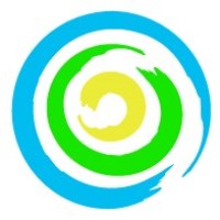A circular logo featuring a spiral design with blue, green, and yellow colors, creating a sense of movement and flow