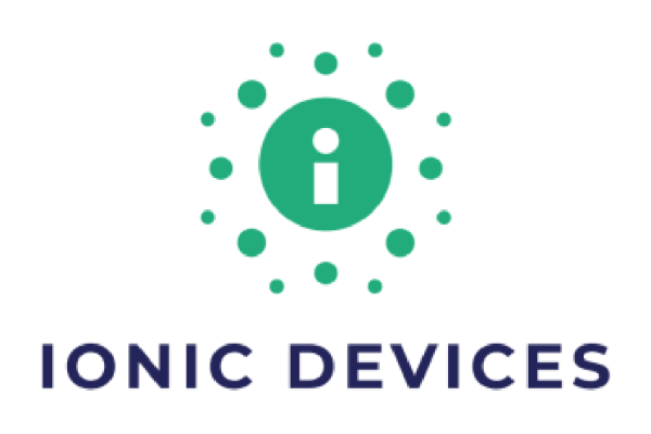 A logo featuring a green circle with a lowercase "i" in the center, surrounded by smaller green dots, and the text "IONIC DEVICES" in dark blue below