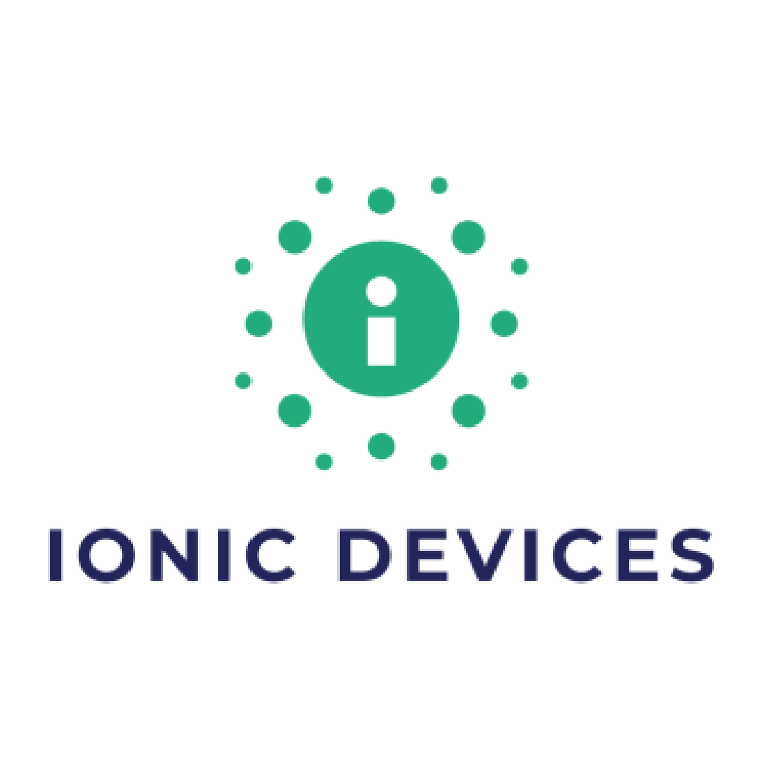 A logo featuring a green circle with a lowercase "i" in the center, surrounded by smaller green dots, and the text "IONIC DEVICES" in dark blue below