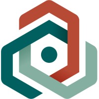 A geometric logo featuring interlocking hexagons in shades of teal, green, and rust, with a circular element in the center