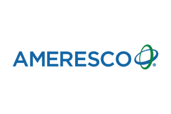 The image features the word "AMERESCO" in bold blue letters, accompanied by a green and blue circular design that resembles an abstract symbol. The background is black
