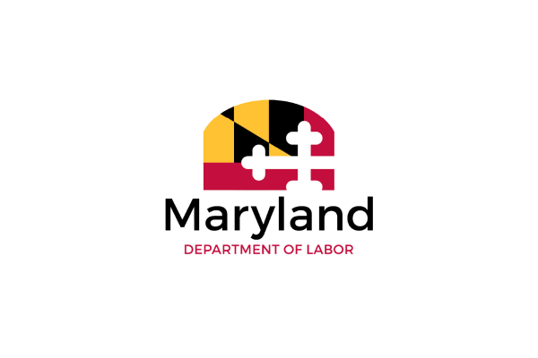 The logo features a stylized representation of the Maryland state flag, incorporating its distinctive black, yellow, red, and white colors. Below the flag design, the text reads "Maryland Department of Labor" in a clear, modern font