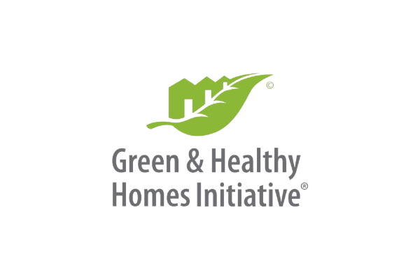 The logo features a green leaf with three stylized house shapes above it. Below the leaf, the text reads "Green & Healthy Homes Initiative" in a modern font
