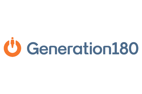 The logo features the text "Generation180" in blue, accompanied by an orange symbol resembling a power button