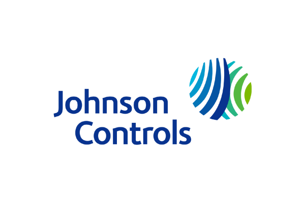 The image features the logo of Johnson Controls, which includes the company name in blue text alongside a stylized graphic of a globe with green and blue wave patterns. The background is black