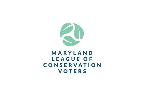 The logo features a circular design with three green leaf shapes arranged in a stylized manner. Below the graphic, the text reads "MARYLAND LEAGUE OF CONSERVATION VOTERS" in blue. The background is black