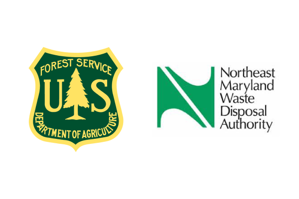 The image features two logos side by side. On the left is the U.S. Forest Service logo, which includes a green shield with a stylized tree and the letters "U.S." and "Department of Agriculture." On the right is the logo for the Northeast Maryland Waste Disposal Authority, characterized by a green abstract design and the organization's name