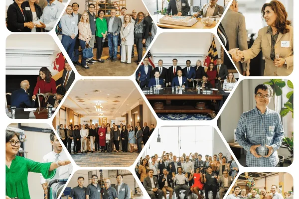 A collage featuring various groups of people engaged in activities related to climate tech innovation.