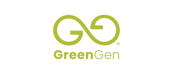 The logo features the text "GreenGen" in a modern font, with the letters "G" and "n" stylized to form an infinity symbol. The color scheme is primarily green against a black background