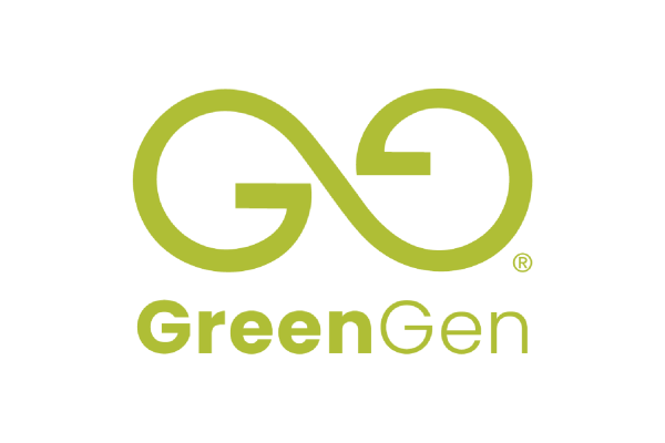 The logo features the text "GreenGen" in a modern font, with the letters "G" and "n" stylized to form an infinity symbol. The color scheme is primarily green against a black background