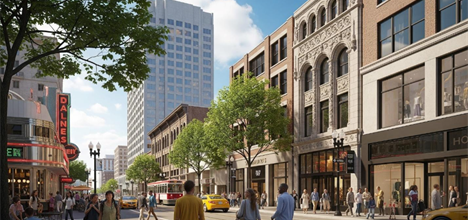 A bustling city street lined with shops and restaurants. People walk along the sidewalk, and yellow taxis are parked nearby. Modern buildings rise in the background, alongside older architectural styles. Trees provide shade along the street