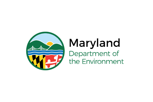 The logo features a circular design with a landscape scene including mountains, a sun, and water. Below the scene, there is a Maryland flag pattern. The text "Maryland Department of the Environment" is displayed to the right of the logo in a green font