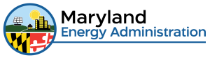 A circular logo featuring a sun, solar panels, and buildings on a green landscape. The bottom half displays the Maryland state flag colors and pattern. The text "Energy Administration" is written in blue next to the logo