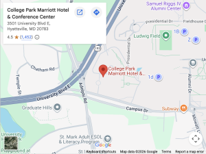 Map showing the location of the College Park Marriott Hotel & Conference Center at 3501 University Blvd E, Hyattsville, MD 20783. Nearby landmarks include Ludwig Field and the University of Maryland campus. The map indicates nearby roads and points of interest