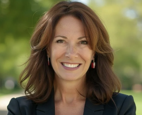 A woman with shoulder-length brown hair smiles confidently, wearing a black blazer and red earrings. She stands outdoors with greenery in the background