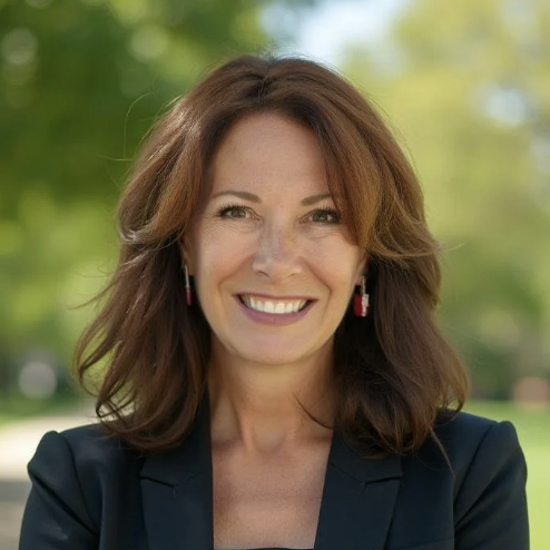 A woman with shoulder-length brown hair smiles confidently, wearing a black blazer and red earrings. She stands outdoors with greenery in the background