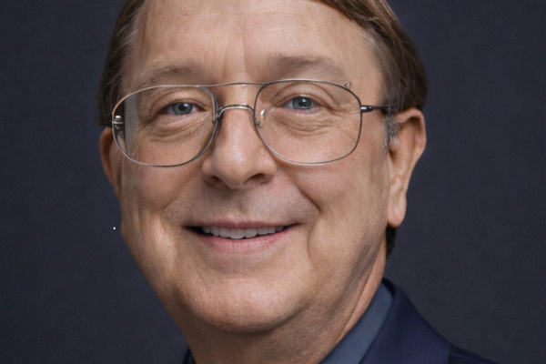 A middle-aged man with short brown hair and glasses smiles at the camera. He is wearing a dark suit with a light blue shirt and a maroon tie. The background is dark