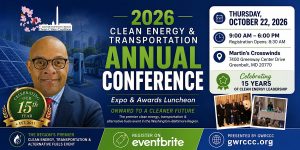 A promotional banner for the 2026 Clean Energy and Transportation Annual Conference. The banner features a smiling man wearing glasses, with text detailing the event date, time, location, and registration information. It highlights the conference's focus on clean energy and transportation, celebrating 15 years of leadership in the field. The background includes images of solar panels and wind turbines