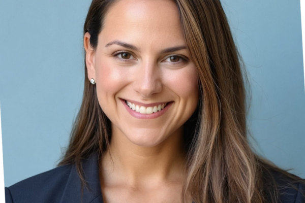 A woman with long, brown hair smiles at the camera, wearing a black blazer over a white top. The background is a light blue color