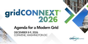 The image features promotional text for the gridCONNEXt 2026 event, highlighting the theme "Agenda for a Modern Grid." It includes the event dates, December 8-9, 2026, and the location, Convene, Washington DC. The GridWise Alliance logo is also present, along with images of power lines and the U.S. Capitol building in the background